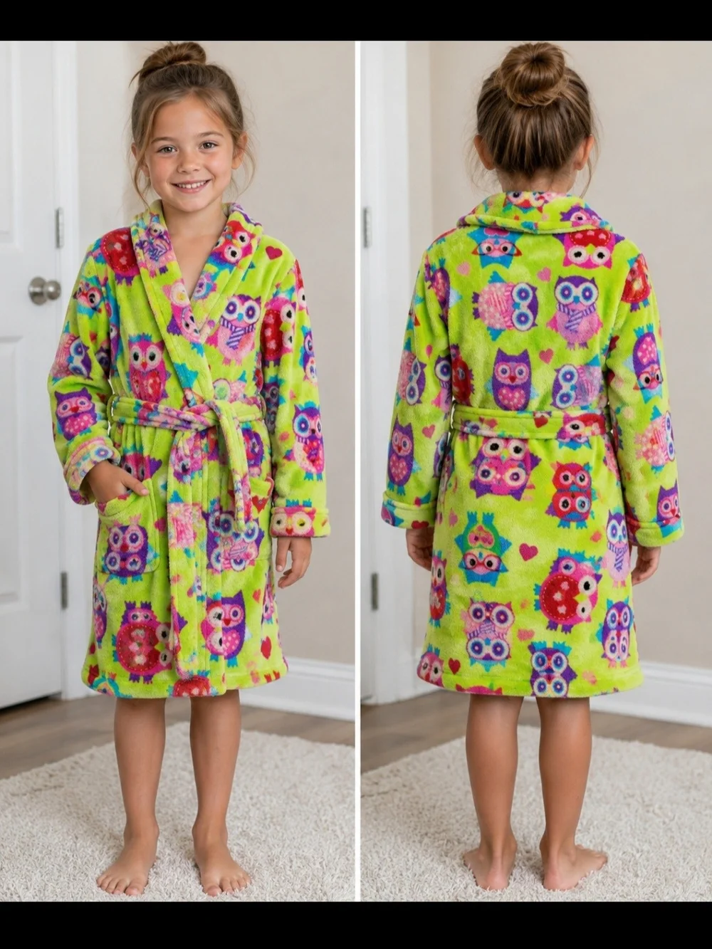 J. Khaki Lime Green Owl Plush Kids Robe with Multicolor Owls
